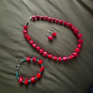 red and green vintage necklace+bracelet+earrings set